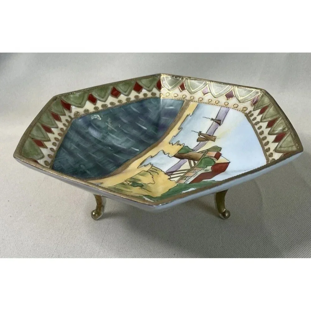 Imperial Nippon Hand Painted Footed Candy Dish Hexagon Water Scene READ‎ 7” VTG